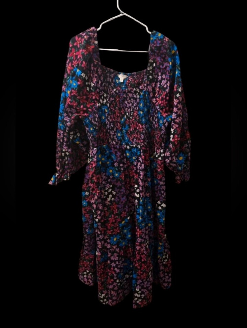 NWOT Terra & Sky Black Floral Midi Dress with Pink & Blue And Purple Accents
